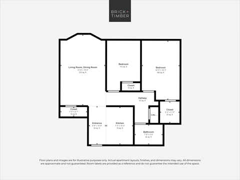 Floor plan for 2 beds, 1 bath, 889 sqft